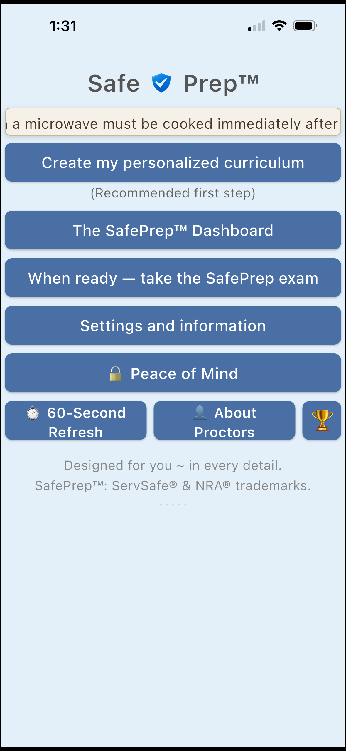 SafePrep home menu with curriculum, dashboard, and exam options