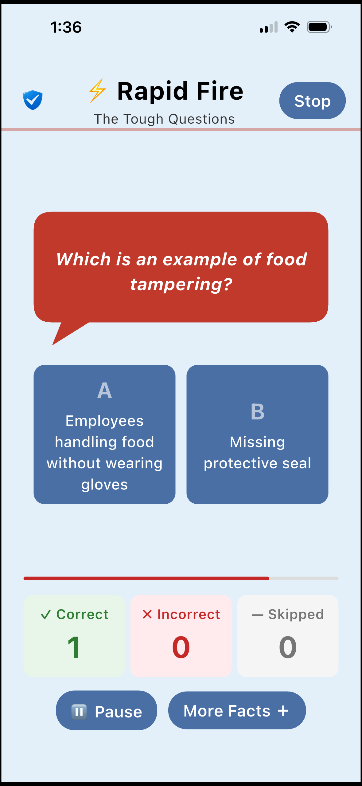 SafePrep Rapid Fire quiz screen showing a ServSafe practice question